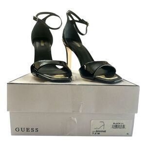 GUESS Divine Black Patent Ankle Strap High Heel Sandals 7.5 Gold Accent Dressy